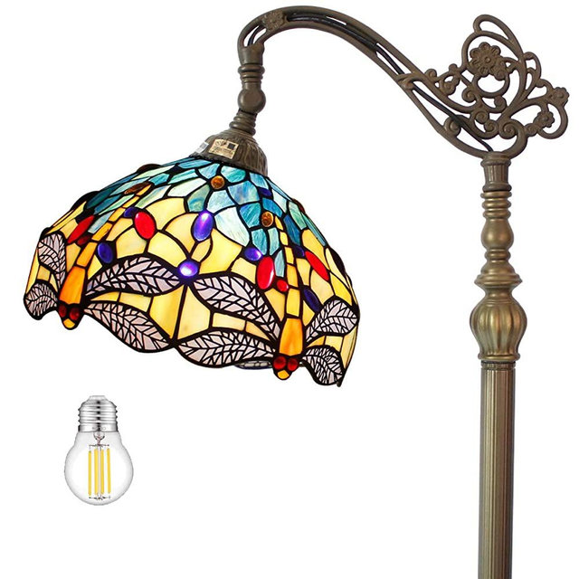 Tiffany Style Reading Floor Lamp Lighting (LED Bulb Included) W12H64 Inch Blue Yellow Stained Glass Dragonfly Lampshade Antique Adjustable Arched Resin Base Foot Switch Easy Assemble S128 WERFACTORY