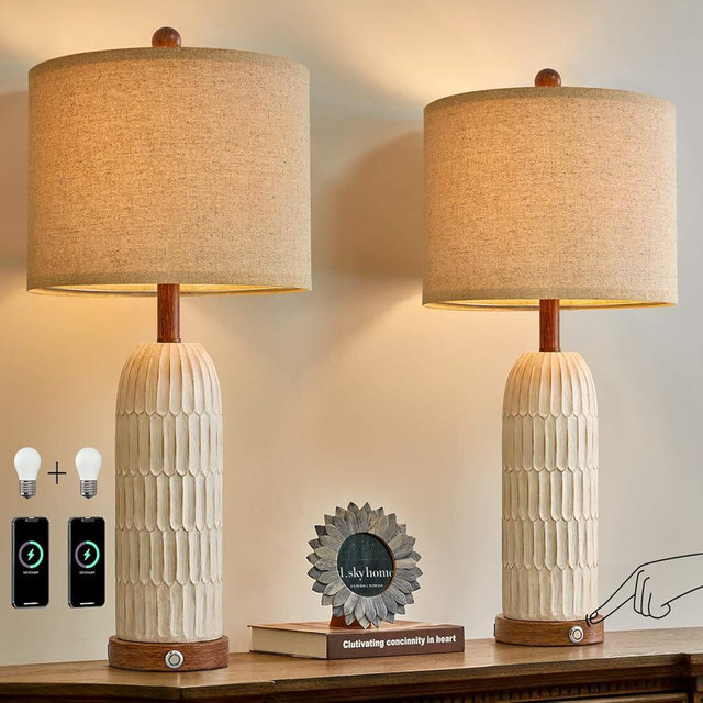 OYEARS 3-Way Dimmable Touch Control Table Lamp Set of 2 with Dual USB A+C Ports for Bedroom Living Room 26.5” Modern Farmhouse Bedside Lamps Nightstand Lamps(Bulbs Included)