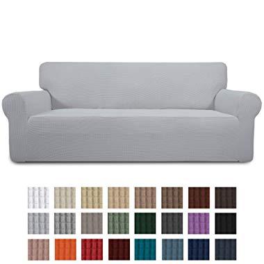 Easy-Going Stretch Sofa Slipcover 1-Piece Sofa Cover Furniture Protector Couch Soft with Elastic Bottom for Kids,Polyester Spandex Jacquard Fabric Small Checks(Sofa,Silver Gray)