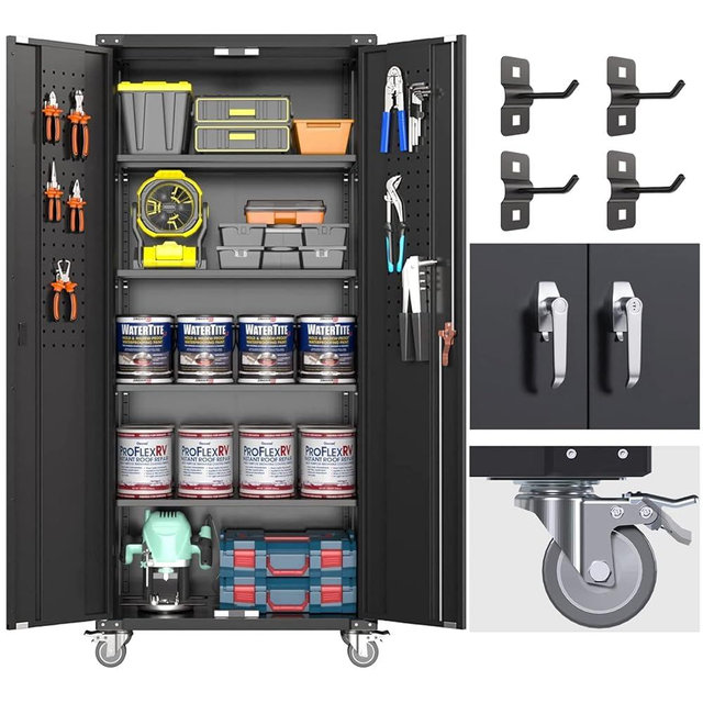GangMei Garage Storage Cabinet with Wheels & Pegboard, 72" H Locking Metal Storage Cabinet with Doors and 4 Adjustable Shelves for Garage Workshop Home, Assembly Required, Black