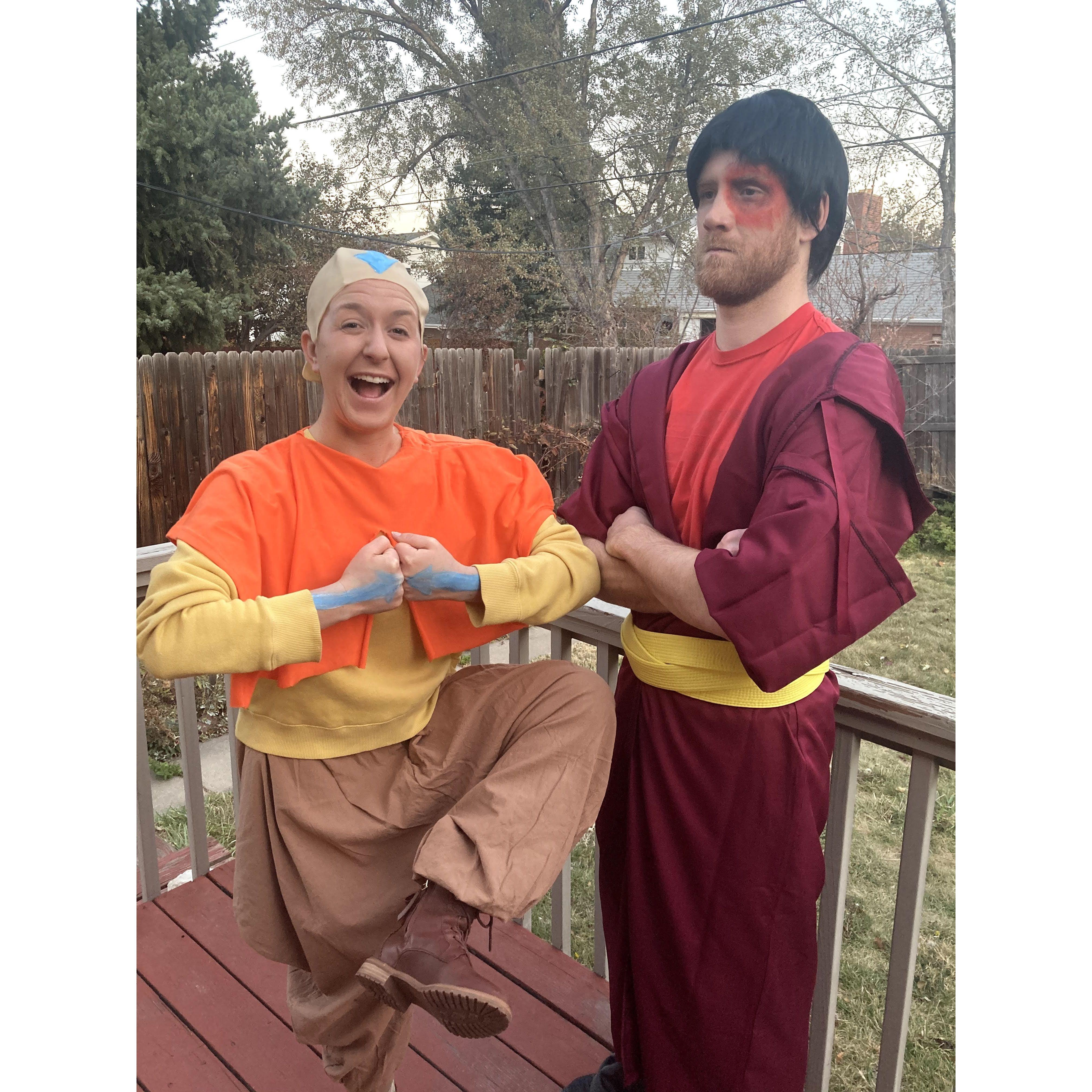 Backyard Halloween in 2020 as Avatar Aang and Zuko
