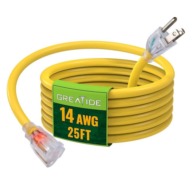 GREATIDE 25 Ft 14/3 Lighted Outdoor Extension Cord - 14 Gauge SJTW Heavy Duty Yellow Extension Cable with 3 Prong Grounded Plug, Great for Lawn, Garden, Appliances