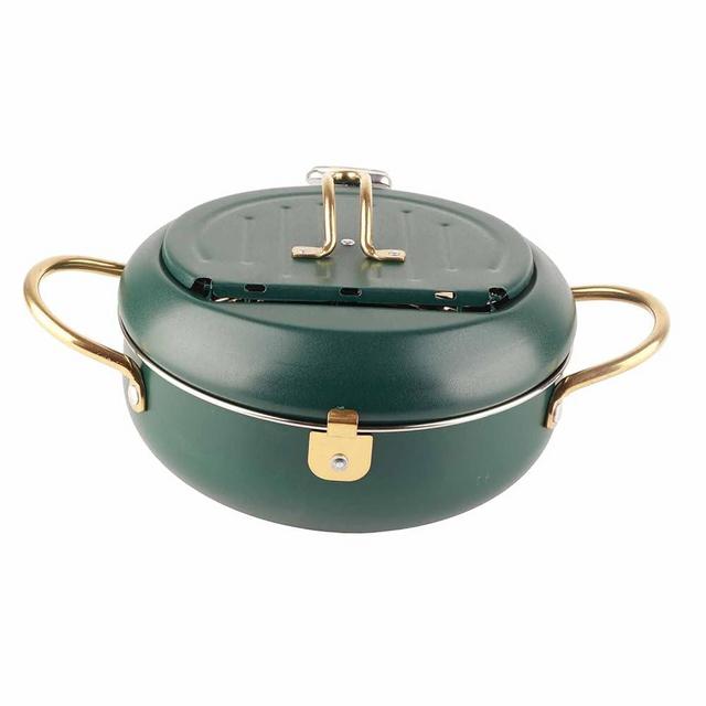 Deep Fryer Pot, Stainless Steel Frying Pot with Thermometer and Lid Kitchen Utensils Japanese Deep Fryer Pan for Gas Stove Induction Cookers Electric Stove, Deep Green