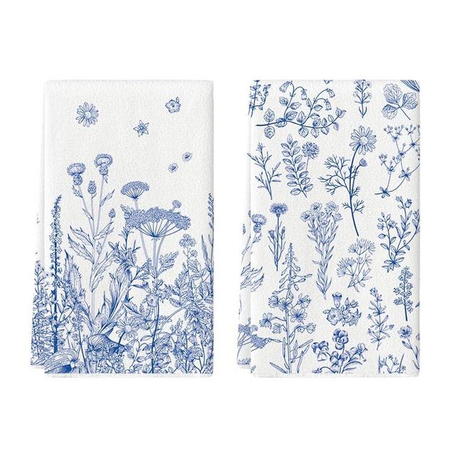 Artoid Mode Blue Antique Herbs Wild Flowers Leaves Spring Kitchen Towels Dish Towels, 18x26 Inch Seasonal Decoration Hand Towels Set of 2