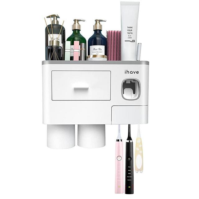 iHave Toothbrush Holders, 2 Cups Toothbrush Holder Wall Mounted with Toothpaste Dispenser, Large Capacity Tray, Cosmetic Drawer and 6 Brush Slots with Cover