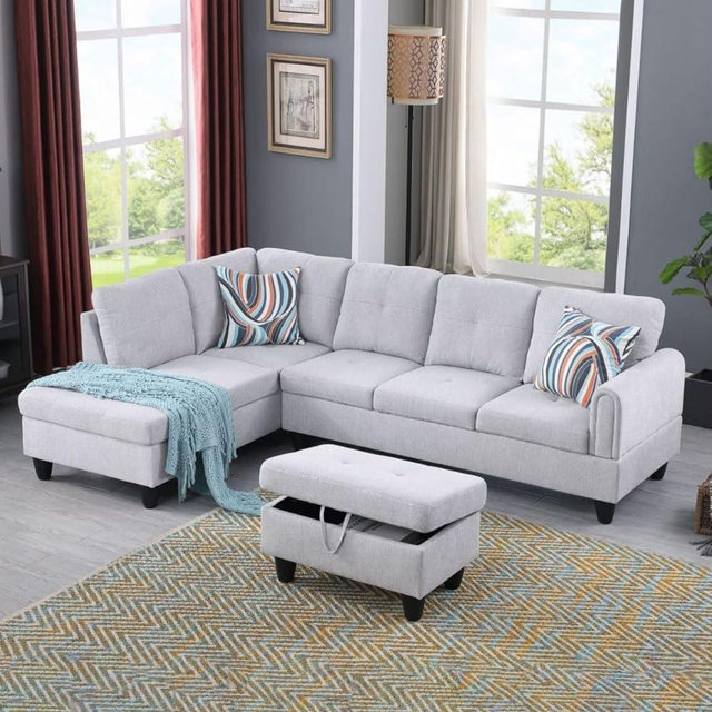 UOCFYK Grey L-Shaped 3-Piece Flannel Sofa with Storage Ottoman Set, Sectional Couch Sofa Set for Living Room, Office, Small Space