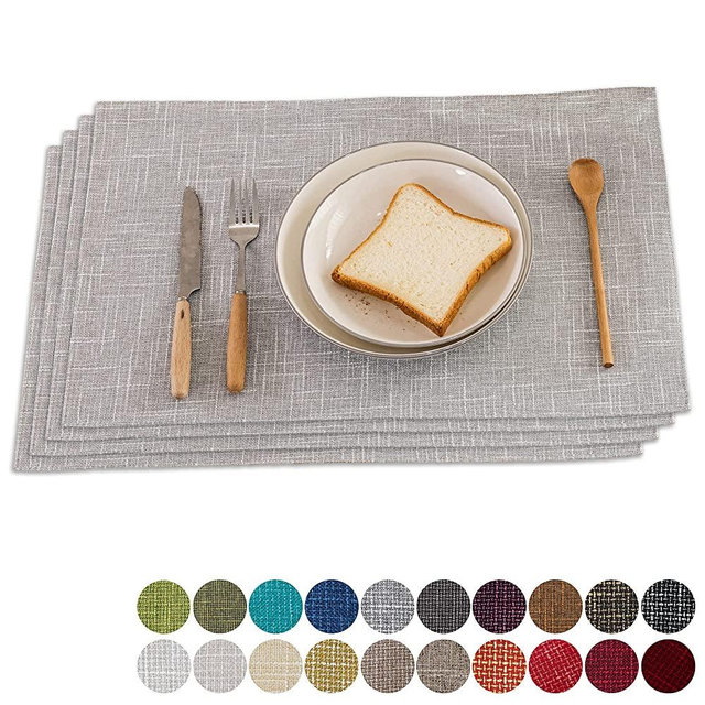 Kevin Textile Faux Linen Heat Resistant Placemats for Dining Table Set of 4, Easy to Clean Anti-Slip Place Mats, 13" x 19", Grey White