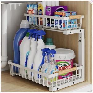 Under Sink Organizer, 2 Tier Under Sink Organizers And Storage Sliding 2 Tier Rack Metal Organization Under Counter Kitchen Bathroom - White
