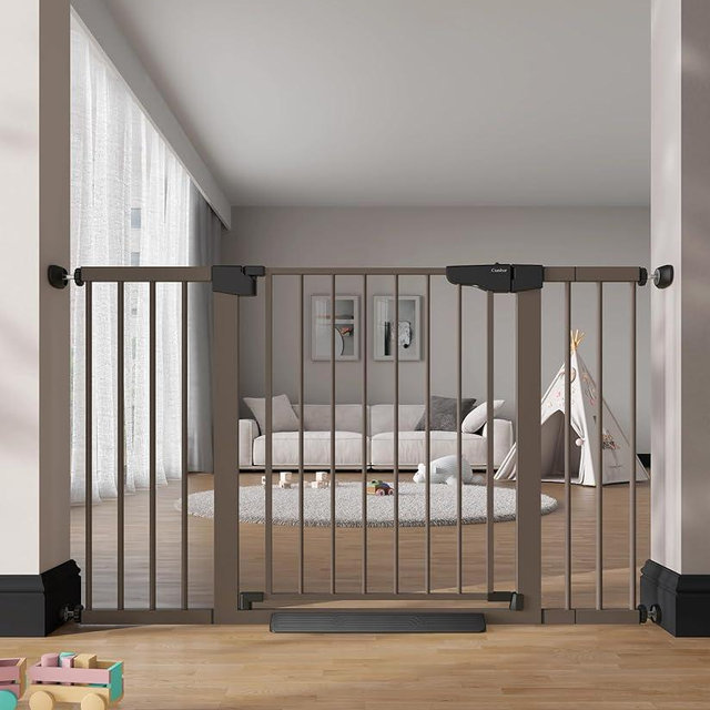 Cumbor 29.7"–51.5" Extra Wide Baby Gate for Stairs, Pressure-Mounted Dog Gates for Doorways & Hallways, Auto-Close Walk-Through, No-Trip Design, Child Proof Safety, Dog/Pet Gate for Indoor Use, Brown