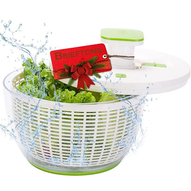 Brieftons QuickPush Salad Spinner: Large 6.3-Quart Vegetable Washer Dryer Strainer Drainer, Easy One-Handed Handle & Brake, Fast Spin Cycles, Compact Storage, to Wash, Clean & Dry Vegetables, Fruits