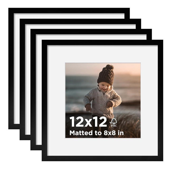 KINLINK 12x12 Picture Frame Black Set of 4, Wooden Square Photo Frames Matted 8x8 with Plexiglass for 8x8 with Mat or 12x12 without Mat for Table and Wall Display