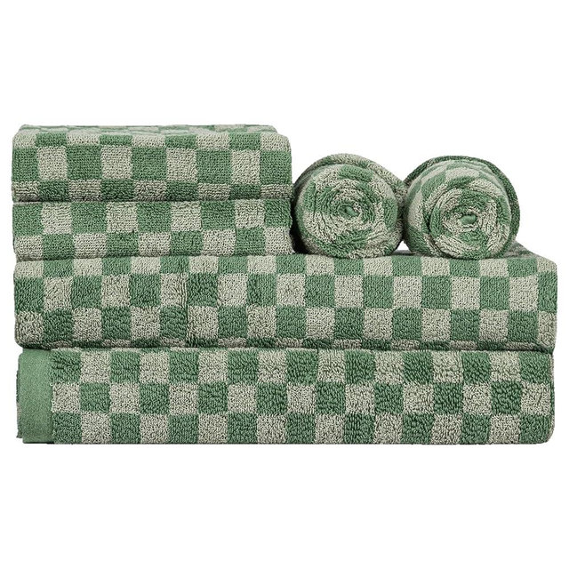 CinGiiCo Checkered Bath Towels Set of 6 Large, 520GSM, 100% Cotton Shower Towels * 2 (55.12"*27.56"), Hand Towels * 4 (29.52"*13.77"),Towels for Bathroom、Pool、Hotel, Spa, Soft Absorbent（Dark Green