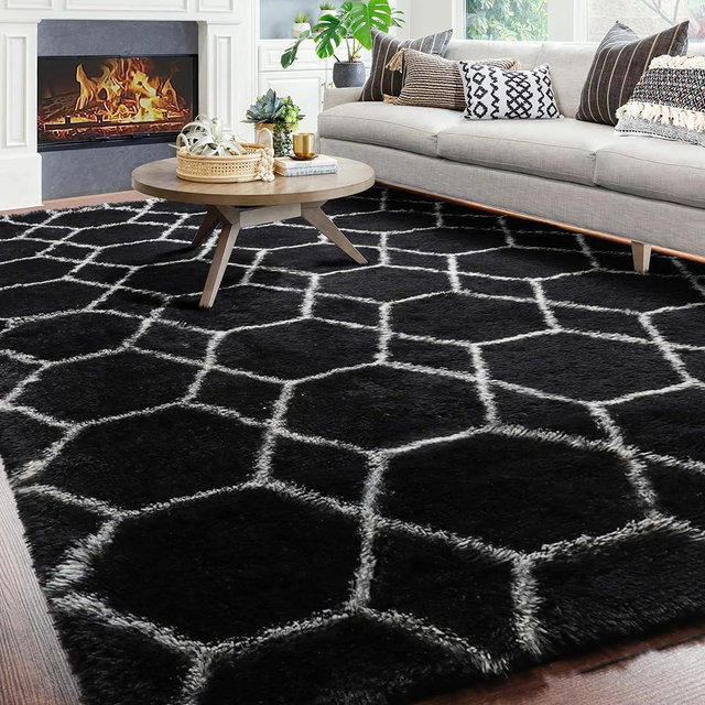 ONASAR Huge Geometric Area Rugs for Living Room, 8x10 Black and White Floor Rug, Large Modern Rug for Bedroom, Apartment Decor, Fuzzy Plush Carpet, Shag Furry Rug, Shaggy Thick Moroccan Rug