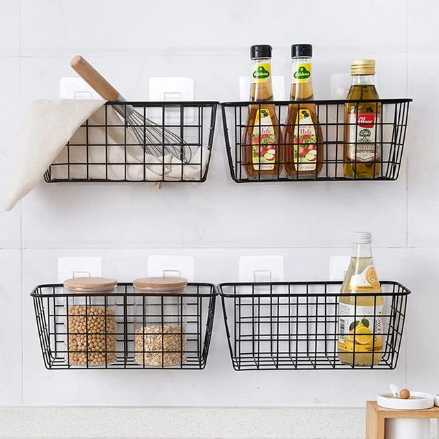 Metal Hanging Wire Basket with Hooks for Storage, 4 Pack Wall Mount on Door Sturdy Organizer Holder, Farmhouse Rustic Decor Home Bin for Kitchen Cabinets, Pantry, Bathroom, Bedroom, Office, Black