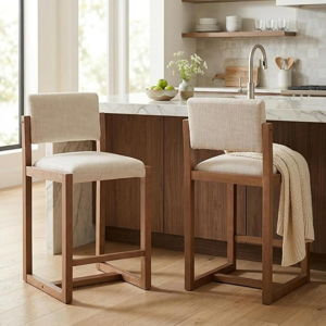 HNY 26" Counter Height Bar Stools Set of 2, Solid Rubberwood Frame with Beige Linen Upholstered Seat & Back, Modern Sled Base Barstools for Kitchen Island, Home Bar, Dining Room