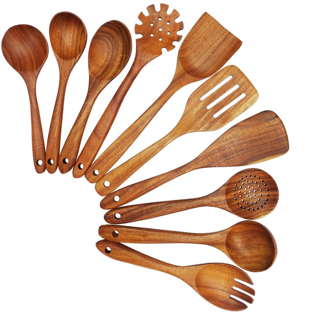 Teak Wood Cooking Utensils Set: 10-Piece Spatulas & Spoons