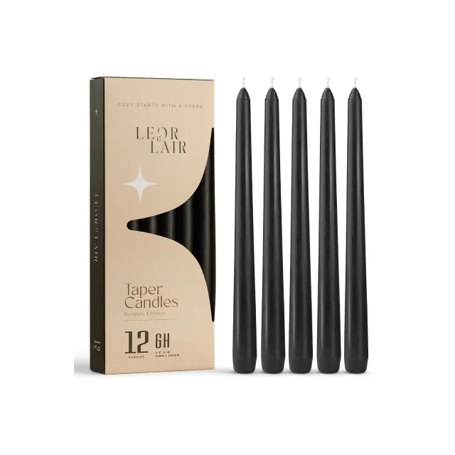 Leor & Lair Black Taper Candles - 12 Pack - 10" Tall Candlesticks for Dinner, Gothic & Halloween Decor