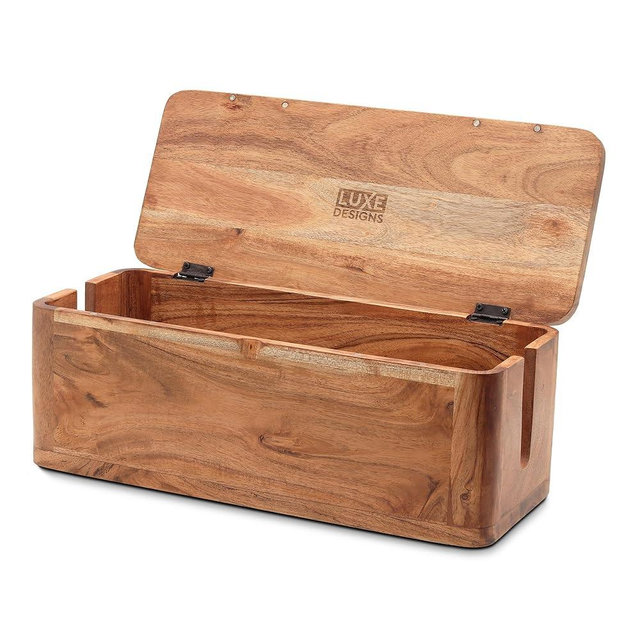 Large Cable Management Box - Acacia Wood Cable Organizer Box and Power Strip Box for Electrical Cord Management - Desk Cord Hider and Floor Cable Management - Wire Storage and Organization for Cords