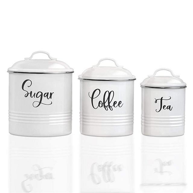 Canister Sets For Kitchen Counter-Modern Farmhouse Kitchen Decor-Rustic Kitchen Canisters Set of 3-Farmhouse Canisters sets for the Kitchen-White Airtight Food Storage for Coffee, Sugar, Tea and More