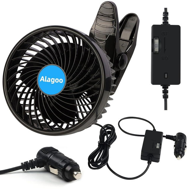 Alagoo Car Fan 6'' 12V Cool Gadgets Clip Fan for Front Rear Seat Passenger Portable Electric Quiet Air Conditioner with Cigarette Lighter Plug for Cars/Vehicle SUV, RV