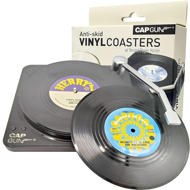 Sufcnire Funny Retro Record Coasters for Coffee Drinks with Vinyl Player Holder Set of 6 Unique Personalized Coaster Housewarming Hostess Friend Apartment Office Bar Decor Gift (M2 Series)