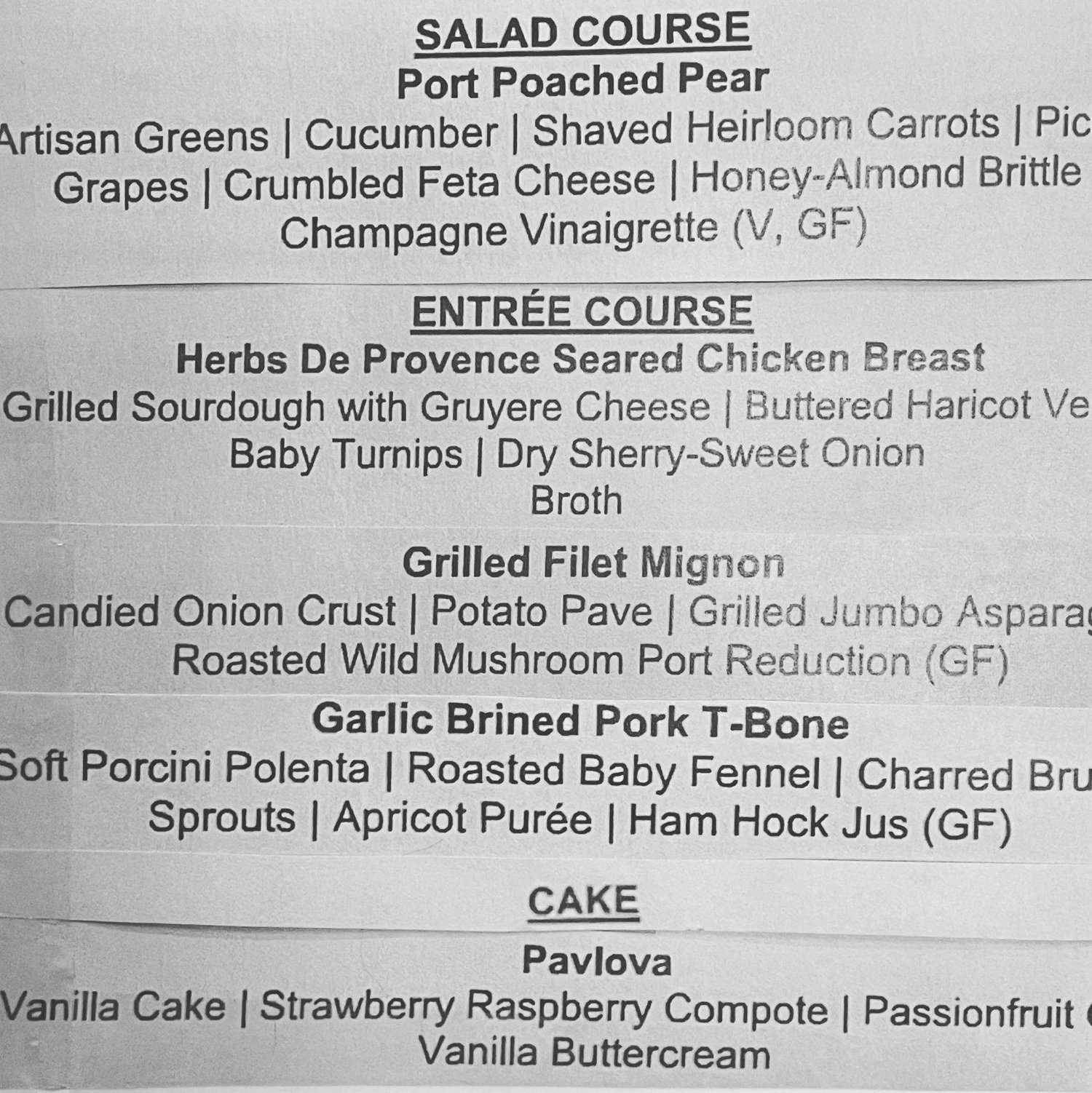 Plated Dinner Menu Items