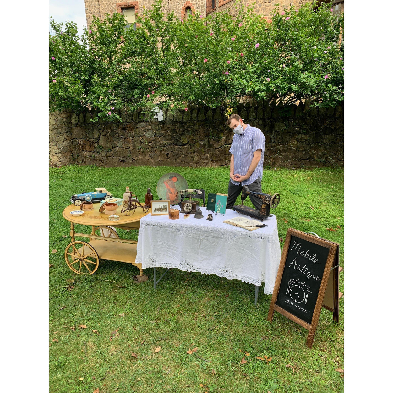 Peter, pretend salesman, is the ULTIMATE MVP. Knowing Nardine's inquisitive nature, he writes up individual stories to the hand selected antique pieces that Andrew purchased to make the pop up so real