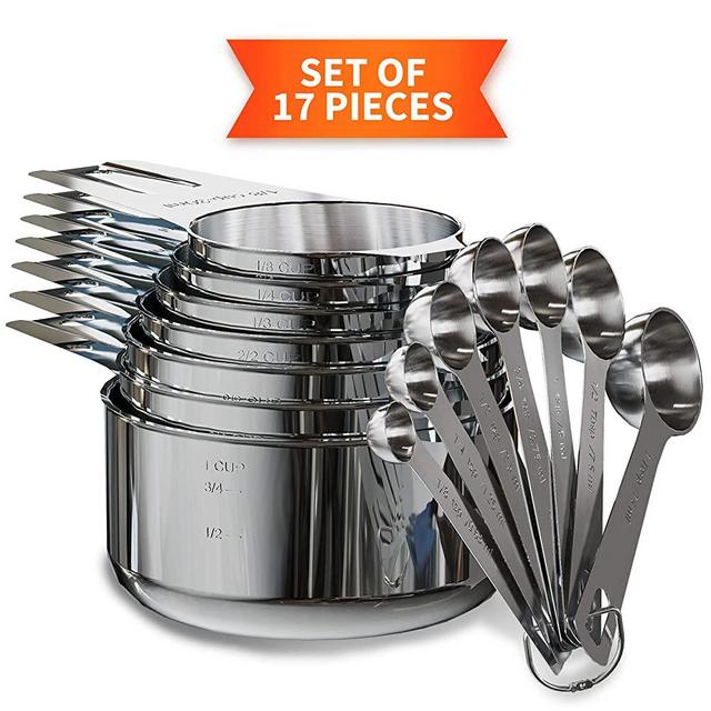 Stainless Steel Measuring Cups and Spoons Set of 17 Pieces — 7 Nesting Cups and 7 Stackable Spoons — Professional Portable and Sturdy Metal Kitchen Measuring Kit for Liquid Wet and Dry Ingredients