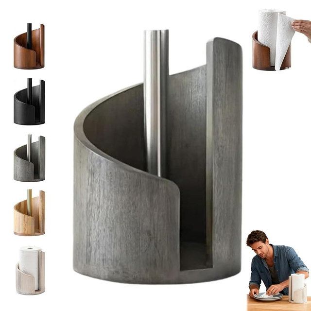 Mountain Paper Towel Holder Countertop with Mango Wood Round Base and Iron Holder - 2026 New Wood Paper Towel Holders Countertop, Effortless One-Hand Tearing, Holds Jumbo and Mega Rolls (Gray)