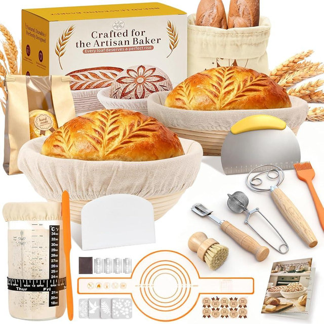 RYMTOX Complete Sourdough Starter Kit | Easy to Clean & Use for Beginners & Bakers | Natural Rattan Proofing Basket with Full Accessories | Sourdough Bread Baking Supplies for Bakers Women Wife