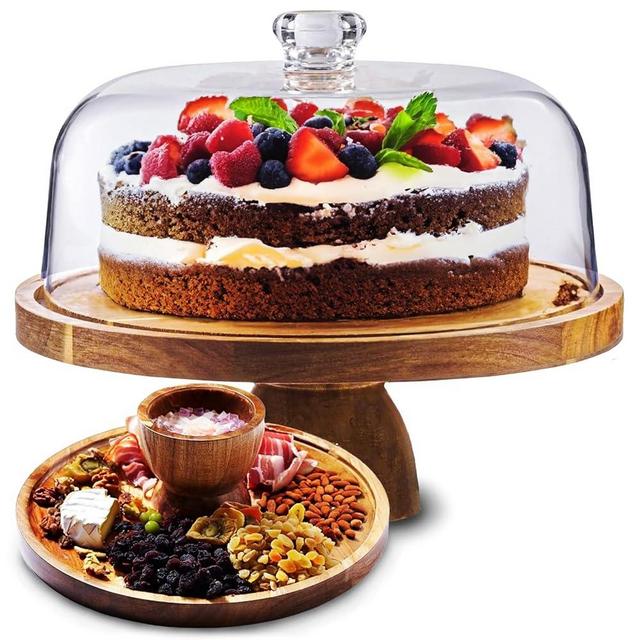 AZ-Homey Cake Stand with Acrylic Dome Lid 2-in-1 Multifunctional Round Shatterproof Dessert Table Display Set with Acacia Wood Serving Platter, Veggie Tray, Fruit Bowl, Donut Stand, Nachos Plate