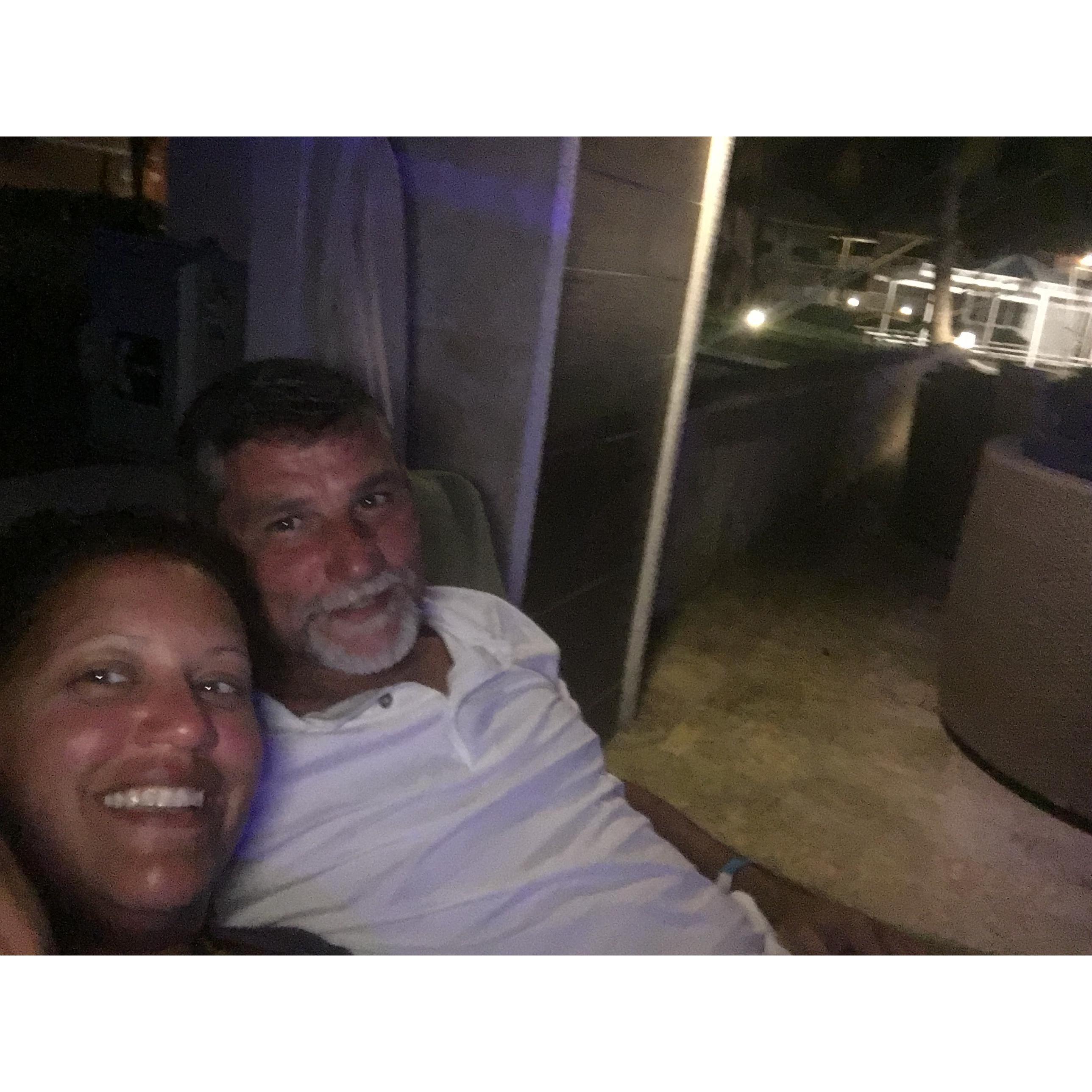 Hanging out by the pool at night.