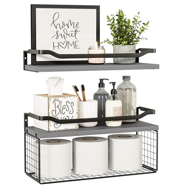 WOPITUES Floating Shelves with Wire Storage Basket, Bathroom Shelves Over Toilet with Protective Metal Guardrail, Wood Wall Shelves for Bathroom, Bedroom, Living Room, Toilet Paper- Grey