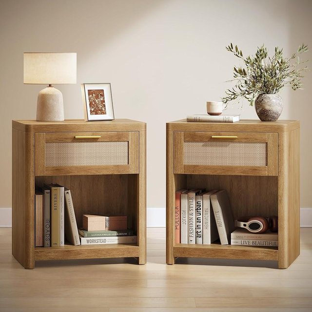 VASAGLE ELLAN Collection - Boho Nightstands with Rattan-Look Drawer, Set of 2 Accent Side End Tables with Open Compartment, Rounded Corners, for Bedroom Bedside, Natural Brown ULET818KC01