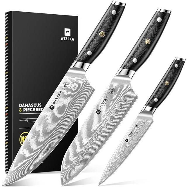 WIZEKA Damascus Knife Set 3 PCS,Super Sharp Kitchen Knife Set Made of Japanese Steel VG10,Full Tang Professional Chef Knife Set With G10 Ergonomic Handle,Gift Box