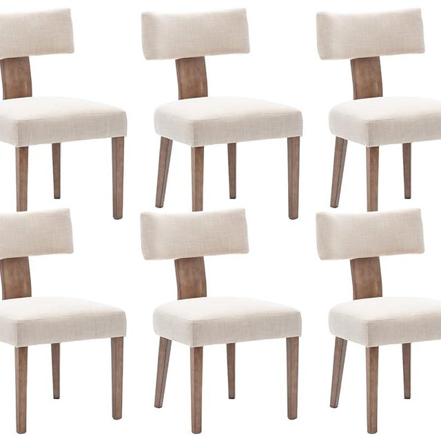 Shunzhi Upholstered Farmhouse Dining Chairs Set of 6 Mid Century Modern Dining Room Chairs Retro Linen Kitchen Chairs Armless Side Chairs with Wood Frame/Curved Back for Kitchen/Living Room,Beige,6PCS