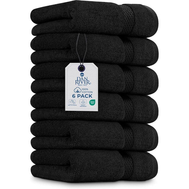 DAN RIVER 6-Pack Premium Hand Towels (16x28 Inches) - 100% Cotton, Ultra Soft, Lightweight, Highly Absorbent Towels for Bathroom, Spa, Gym, Salon, Hotel, and Travel - 550 GSM – Black