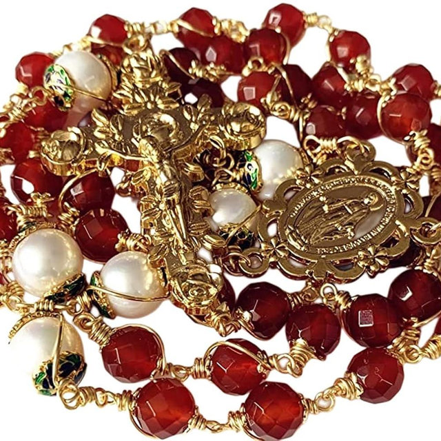 elegantmedical Handmade Wire Wrapped Red Agate &11-12mm Real Pearl Beads Rosary Cross/Crucifix Necklace & Last Supper Box Catholic Womens Gift