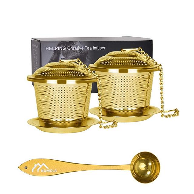 Numola Gold Loose Leaf Tea Infuser Set, Reusable Stainless Steel Tea Balls, Fine Mesh Tea Strainers with Spoon and Drip Trays, Tea Filters and Steeper with Extented Chain Hook for Tea Lovers in Teapot