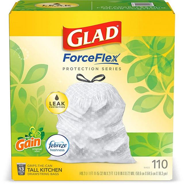 Glad ForceFlex Tall Kitchen Drawstring Trash Bags 13 Gallon White Trash Bag, Gain Original Scent with Febreze Freshness 110 Count (Package May Vary)