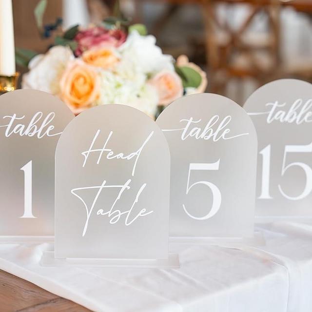 Frosted Arch Acrylic Table Numbers for Wedding Reception - 5" x 7" White Font Centerpiece Set with Holder Stands & Head Table Sign - Anniversary, Event, Party, Wedding set 1-15