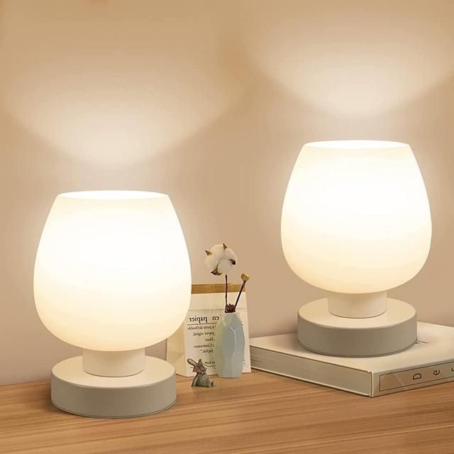 Touch Bedside Table Lamp Set of 2 - Small Modern Table Lamp for Bedroom Living Room Nightstand, 3-Way Dimable Desk lamp with White Opal Glass Lamp Shade, 3000K LED Bulb, Simple Design