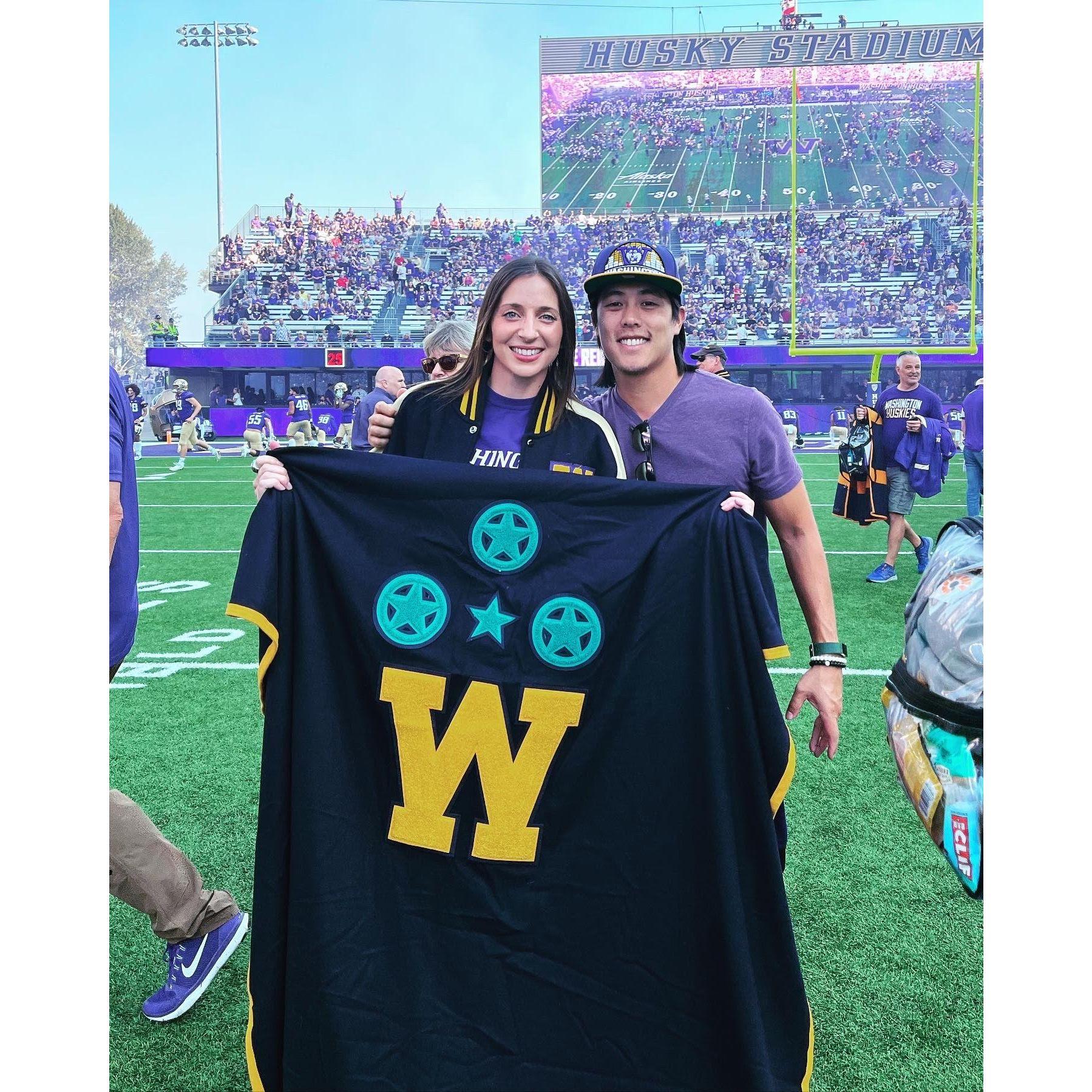 Kyle got his first taste of Washington football when Jenna got to bring him on the field for the annual 'blanket parade' for all former Husky athletes.