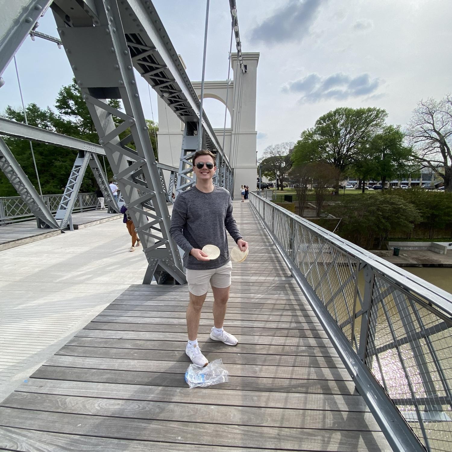 Took Garrett tortilla tossing on his first visit to Waco, a silly Waco/Baylor tradition.