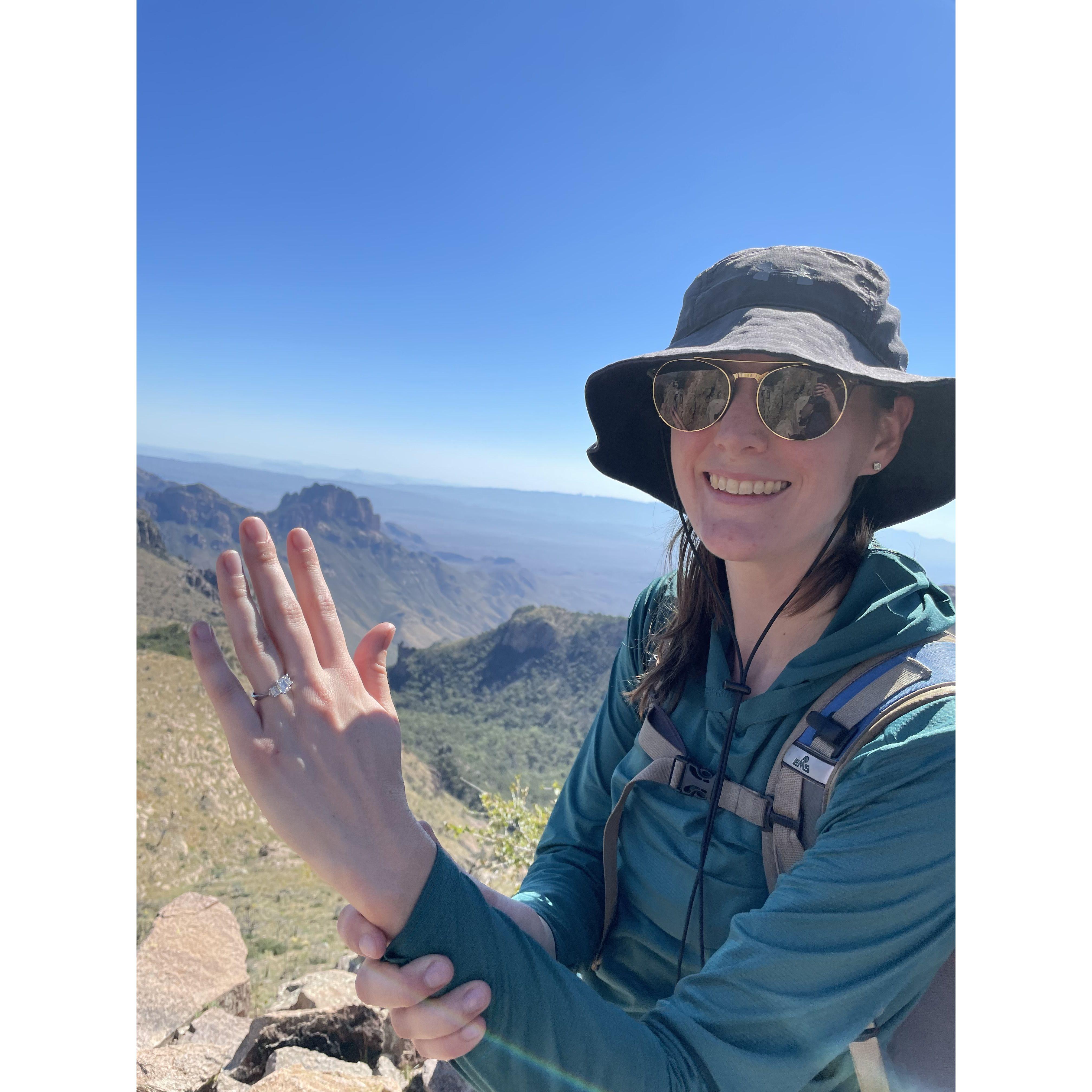 Stephen and I took a trip to Big Bend National Park. He proposed to me at the top of Emory Peak. We saw a bear cub from afar right after he proposed!