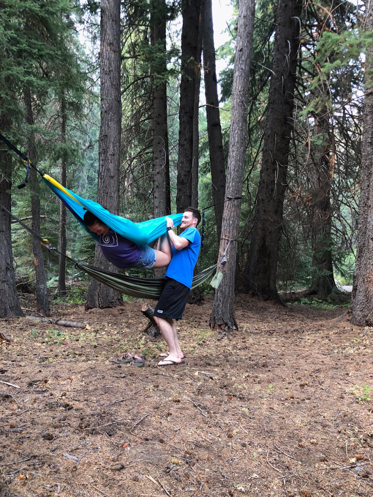 Helping Alisha into her hammock....the cool way.