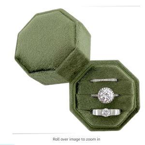 Velvet 3 Slots Ring Box Wedding Day - Octagon Premium Handmade Three Rings Slot Bearer Storage for Wedding Ceremony, Proposal, Engagement, Photography (Olive Green)