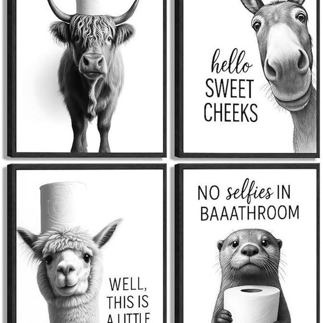 Funny Bathroom Wall Art Set of 4 Black and White Bathroom Wall Decor Toilet Paper Pictures Cute Humorous Animal Posters Prints Toilet Signs Painting Artwork Decoration 8x10in Unframed