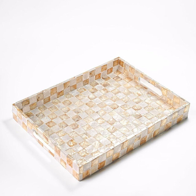 CHI AN HOME 15.8” x 11.8” Rectangle Serving Tray with Handles, Capiz Shells Checkered Rectangular Tray for Ottoman Table, Mother of Pearl Decorative Serving Tray for Living Room, Kitchen (Ivory)