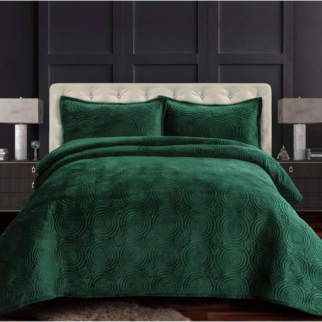 3pc King Capri Medallion Velvet Oversized Solid Quilt Set Teal - Tribeca Living